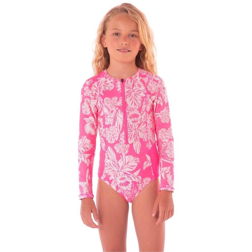 Maaji Miku One Piece Girls 12 Pink Blossom Tropical Rashguard Swimsuit RED146